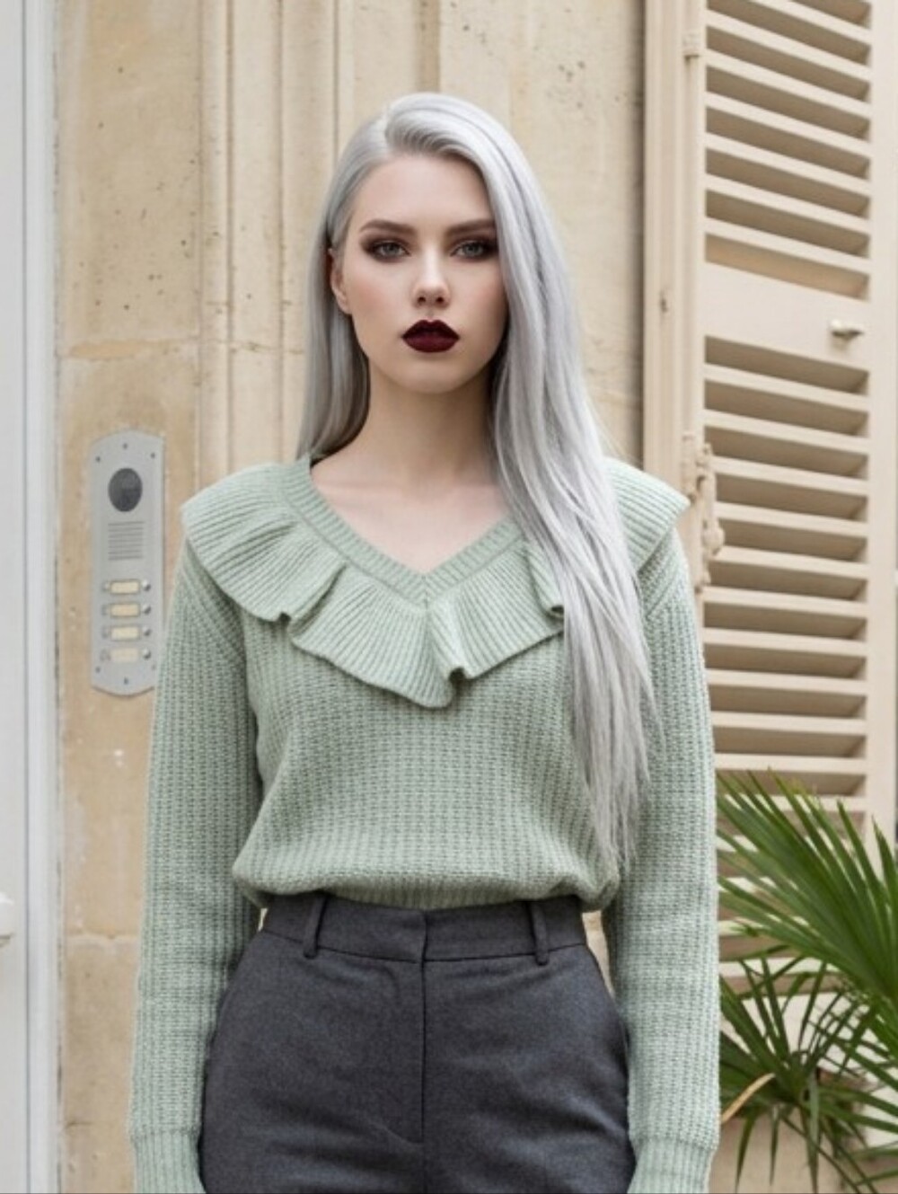 0363 a new day Light Sage Green Ruffle V-Neck Sweater